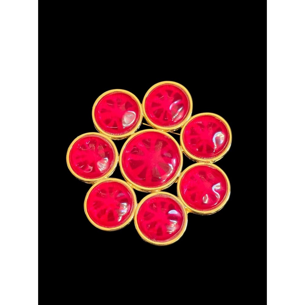 Ann Taylor Vintage Gold Tone Ruby Red Poured Glass Flower Statement Brooch Pin